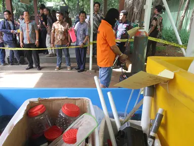 Pelaku perdagangan ilegal bibit lobster atau benur bersama barang bukti di perlihatkan di Polda Metro Jaya, Jakarta, Jumat (23/12). Polisi mengamankan 27.000 benur jenis pasir, 1.500 benur jenis mutiara, satu tabung oksigen. (Liputan6.com/Gempur M. Surya)