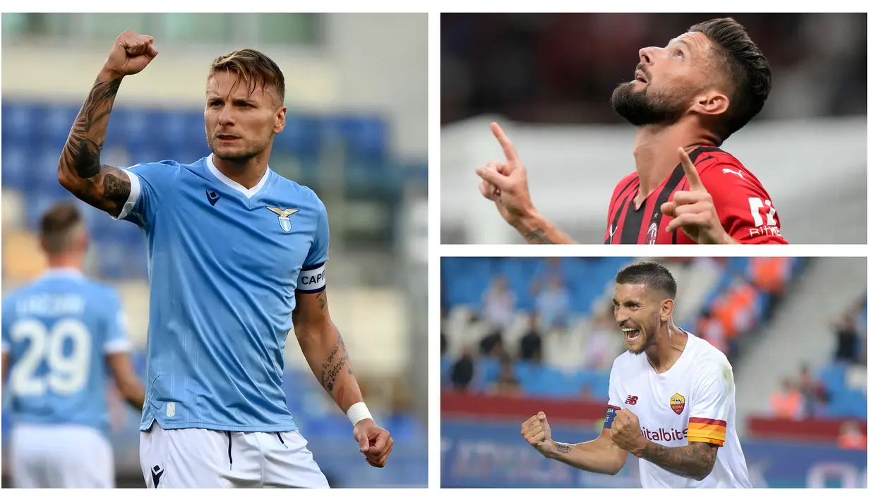 Liga Italia 2021/2022 yang baru menyelesaikan pekan kedua diwarnai aroma persaingan dua tim ibu kota, Lazio dan AS Roma dalam daftar top skor sementara. Striker Lazio, Ciro Immobile ditempel ketat gelandang AS Roma, Jordan Veretout. Berikut daftar lengkapnya. (Foto: Kolase AP)