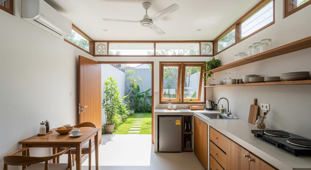 Dapur Mini dengan Konsep Terbuka ke Halaman Belakang
