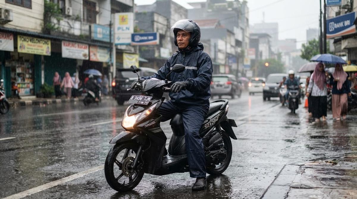 Postur Tubuh Saat Duduk Berkendara Pakai Jas Hujan