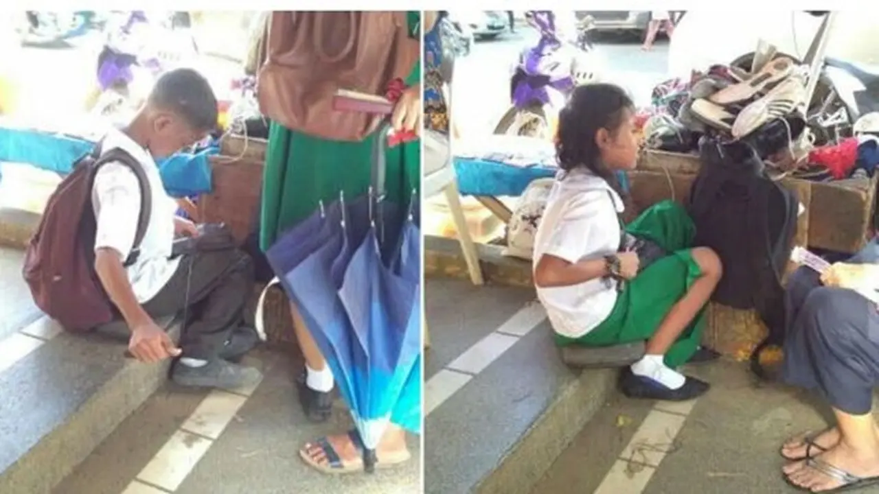 Demi Uang Makan Siang di Sekolah, Dua Bocah Ini Jadi Tukang Jahit Sepatu