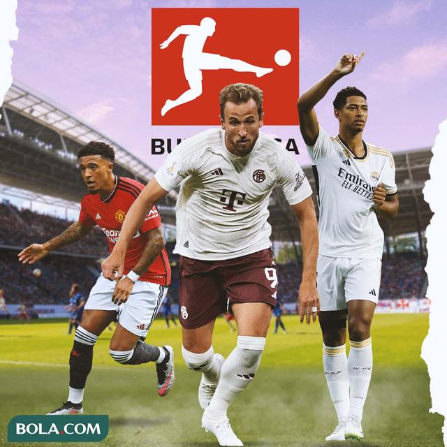 Ilustrasi - Jadon Sancho, Harry Kane, Jude Bellingham dan Logo Bundesliga