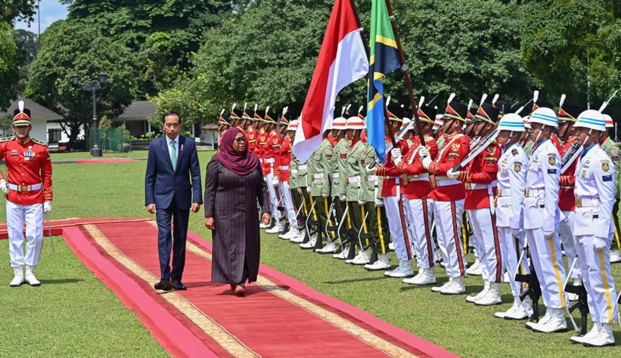 Terpantau rombongan Presiden Samia tiba di Istana Bogor sekitar pukul 10.30 WIB. Kedatangan rombongan diiringi pasukan berkuda dan kelompok penyambut berbusana tradisional. (Adek BERRY/AFP)