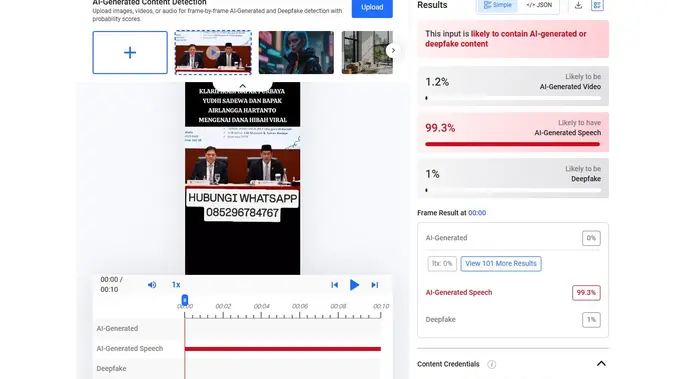 Video dan audio klaim Menko Airlangga dan Menkeu Purbaya mengumumkan dana hibah menunjukkan hasil AI. (Foto: tangkapan layar Hive Moderation)