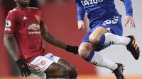 Gelandang Everton, James Rodriguez bersaing dengan bek Manchester United (MU), Aaron Wan-Bissaka pada laga pekan ke-23 Liga Inggris 2020/2021 di Old Trafford, Minggu dinihari WIB (7/2/2021). MU mampu bermain imbang 3-3 saat menjamu Everton. (Alex Pantling/Pool via AP)