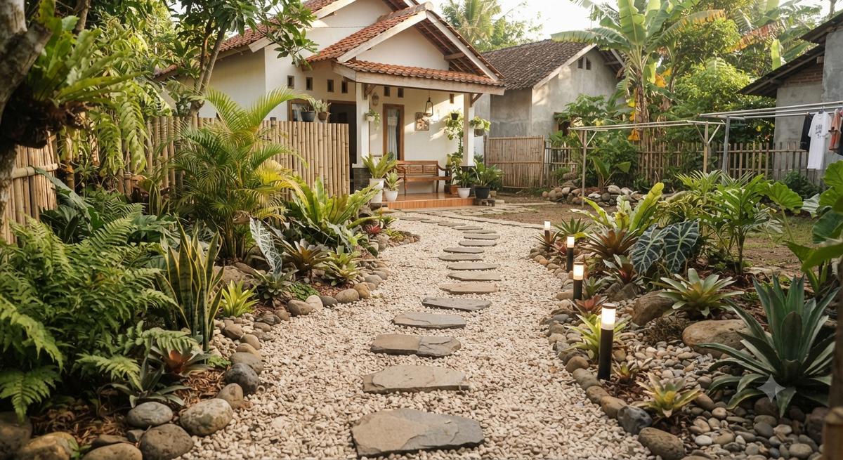 Gaya taman kering estetik ala resort di rumah mungil jadi ekslusif model tanaman kering dengan jalur pijakan batu