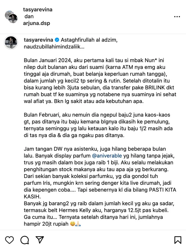 Unggahan Tasya Revina. (Foto: Dok. Instagram @tasyarevina)