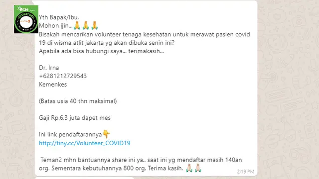 Cek Fakta Liputan6.com menelusuri informasi pendaftaran relawan tenaga kesehatan untuk pasien Covid-19 melalui Dokter Irna