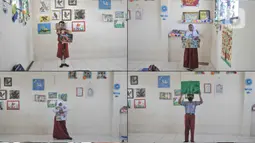 Foto kombo murid kelas IV berpose dengan meja lipat miliknya di Sekolah Dasar Negeri (SDN) Mekarsari 05, Tambun Selatan, Kabupaten Bekasi, Jawa Barat, Kamis (28/7/2022). Hal tersebut membuat sebagian murid terpaksa membawa meja lipat ke sekolah demi kenyamanan dalam menimba ilmu pendidikan. (merdeka.com/Iqbal S. Nugroho)