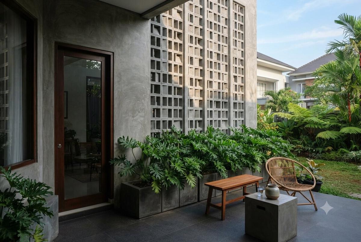 Ide Halaman Rumah dengan Roster Beton dan Philodendron