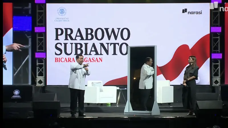 Prabowo Subianto di acara 'Mata Najwa On Stage: 3 Bacapres Bicara Gagasan' di Graha Sabha Pramana Universitas Gadjah Mada (UGM), Yogyakarta pada Selasa (19/9/2023) malam.