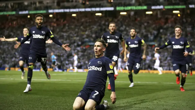 Harry Wilson dan para pemain Derby County merayakan gol