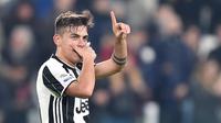 Selebrasi striker Juventus Paulo Dybala usai mencetak gol ke gawang Palermo. (Alessandro di Marco/ANSA via AP)