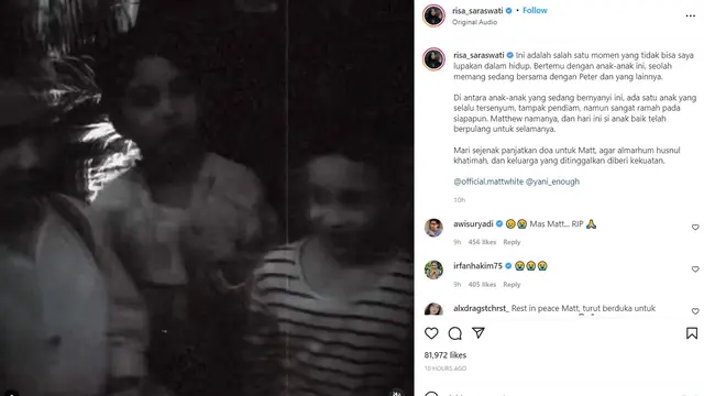 Unggahan Risa Saraswati mengenai meninggalnya Matt White. (Instagram/ risa_saraswati)