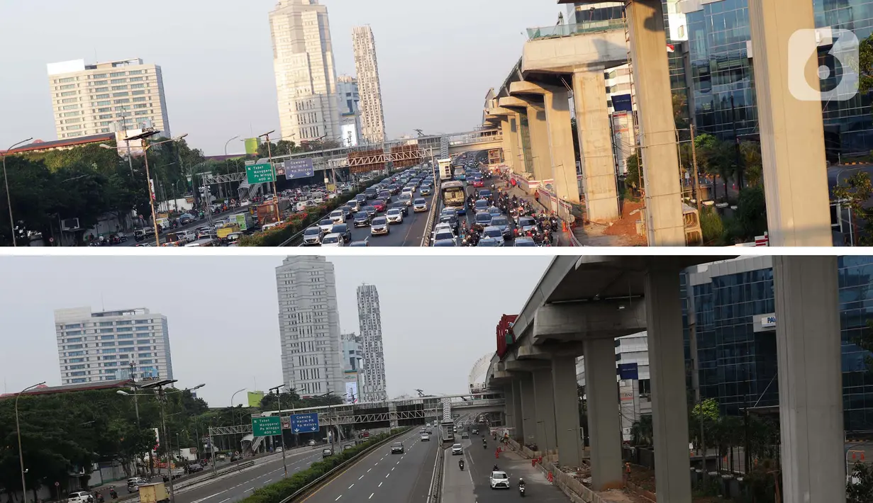 Foto atas menggambarkan suasana di Jalan Tol Dalam Kota, Selasa (18/06/2019). Foto bawah dilokasi yang sama, Sabtu (18/04/2020). Lebih dari satu bulan Indonesia terkena pandemi Covid-19, per 18 April 2020 tercatat 6.248 kasus positif, 631 sembuh, 535 meninggal. (Liputan6.com/Helmi Fithriansyah)