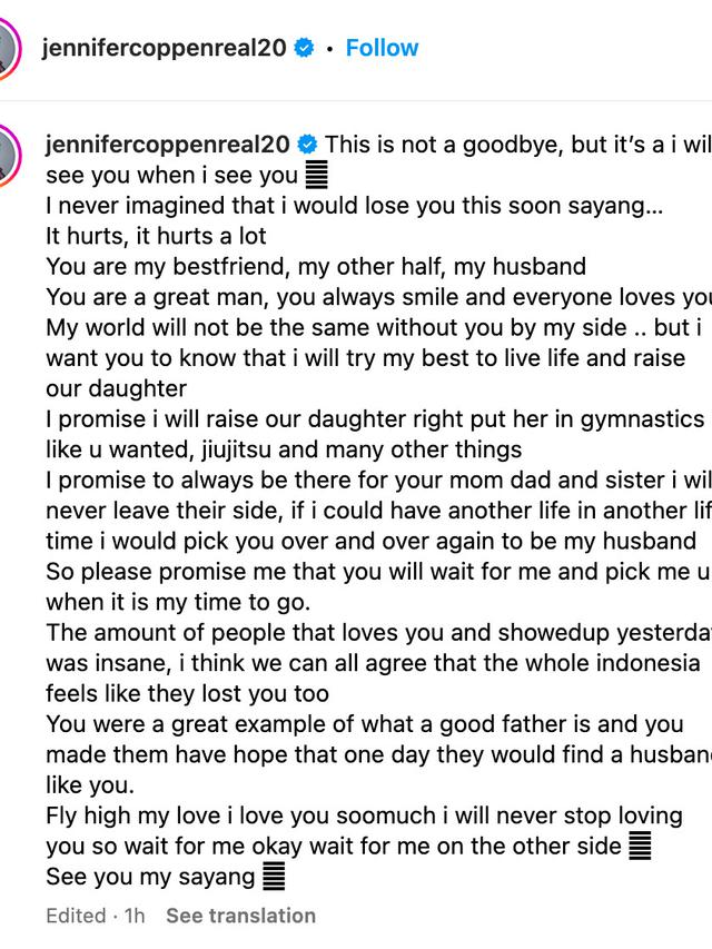 Unggahan Jennifer Coppen. (Foto: Dok. Instagram @jennifercoppenreal20)