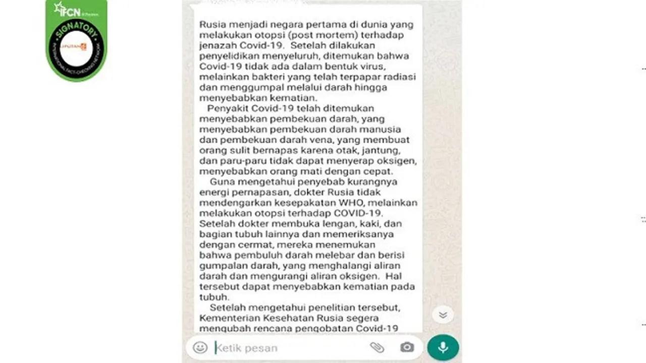 Gambar Tangkapan Layar Klaim tentang Covid-19 adalah Bakteri yang Terpapar Radiasi (sumber: WhatsApp)