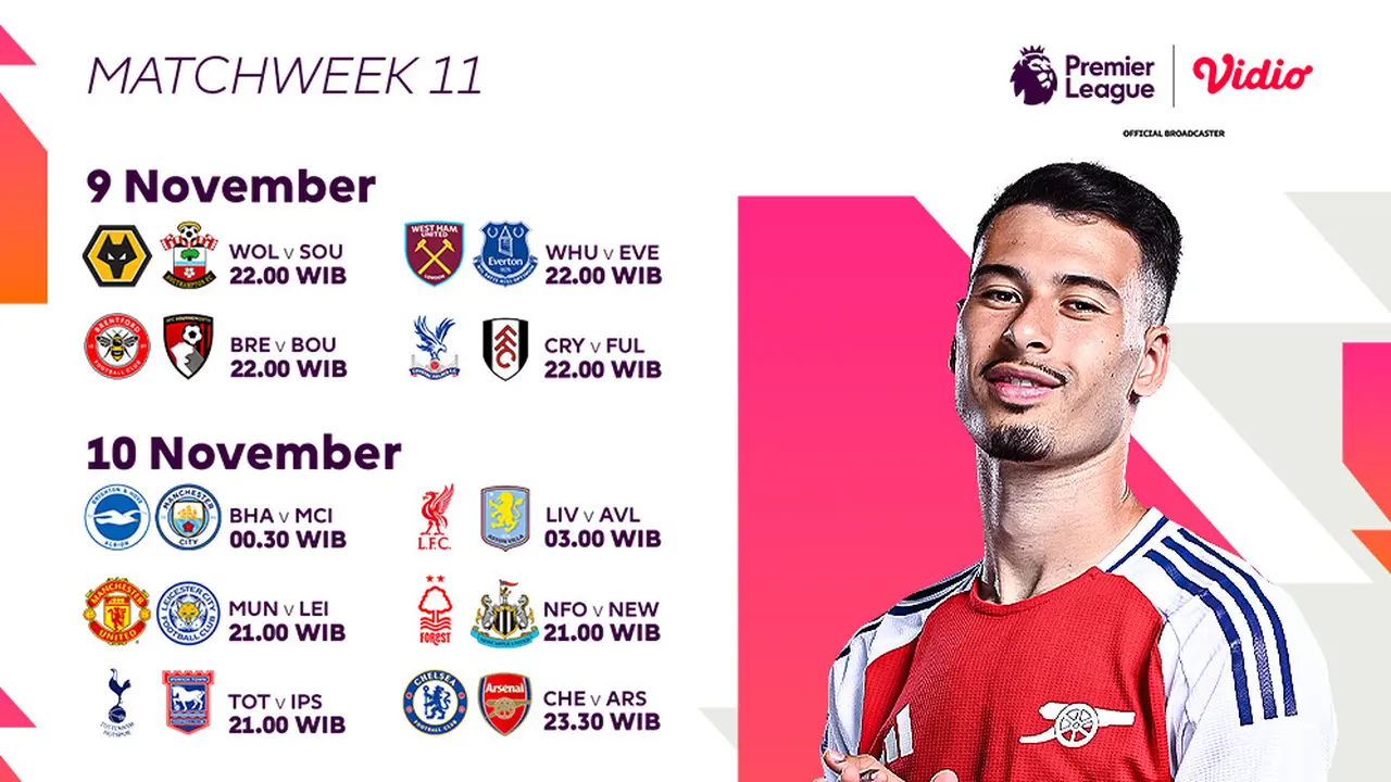 Jadwal Pertandingan Liga Inggris 2024/25 Matchweek ke 11 di Vidio