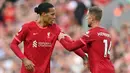 Pemain Liverpool, Jordan Henderson (kanan) memasangkan ban kapaten ke tangan Virgil van Dijk pada laga lanjutan Liga Inggris 2021/2022 melawan Chelsea di Anfield, Liverpool, Inggris, 28 Agustus 2021. (AFP/Paul Ellis)