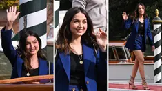Foto kombinasi saat Ana de Armas tiba di dermaga Hotel Excelsior selama Venice Film Festival 2022 ke-79 di Lido di Venesia, Italia pada 7 September 2022. (AFP/Tiziana Fabi)