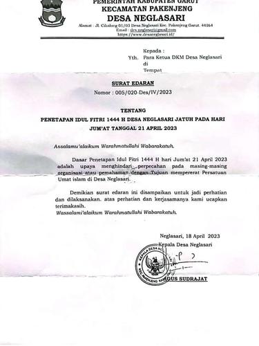 Pemerintahan Desa Neglasari, Kecamatan Pakenjeng, Kabupaten Garut, Jawa Barat, mengumumkan penetapan 1 Syawal Idul Fitri 1444 H berlangsung pada esok hari, Jumat (21/4/2023). (Liputan6.com/Jayadi Supriadin)