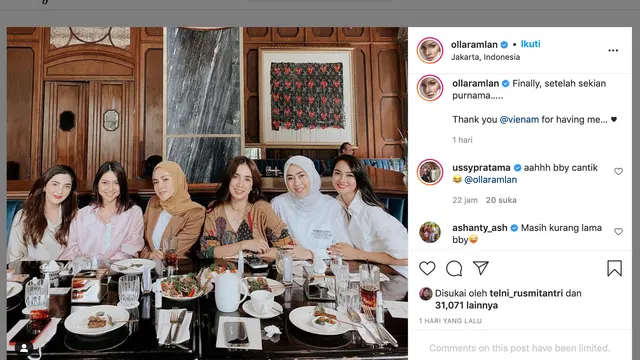 Unggahan Olla Ramlan. (Foto: Instagram @ollaramlan)