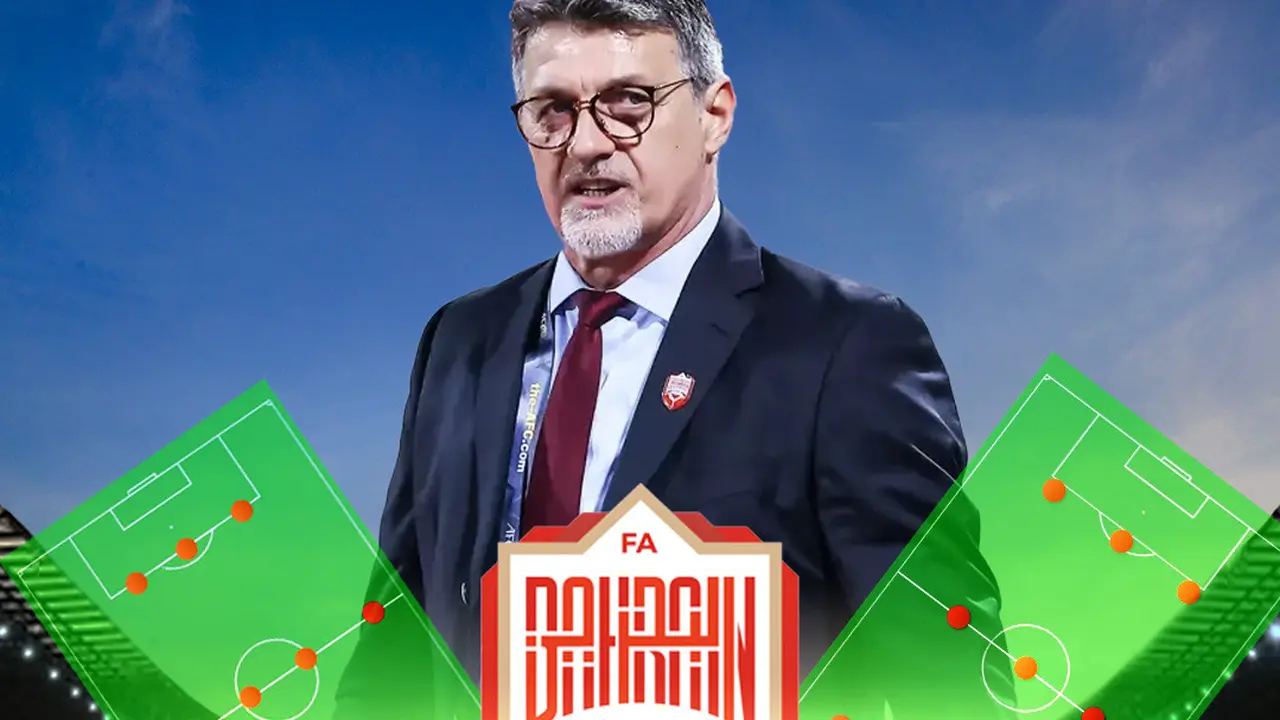 Ilustrasi - Pelatih Timnas Bahrain Dragan Talajic dengan background formasi