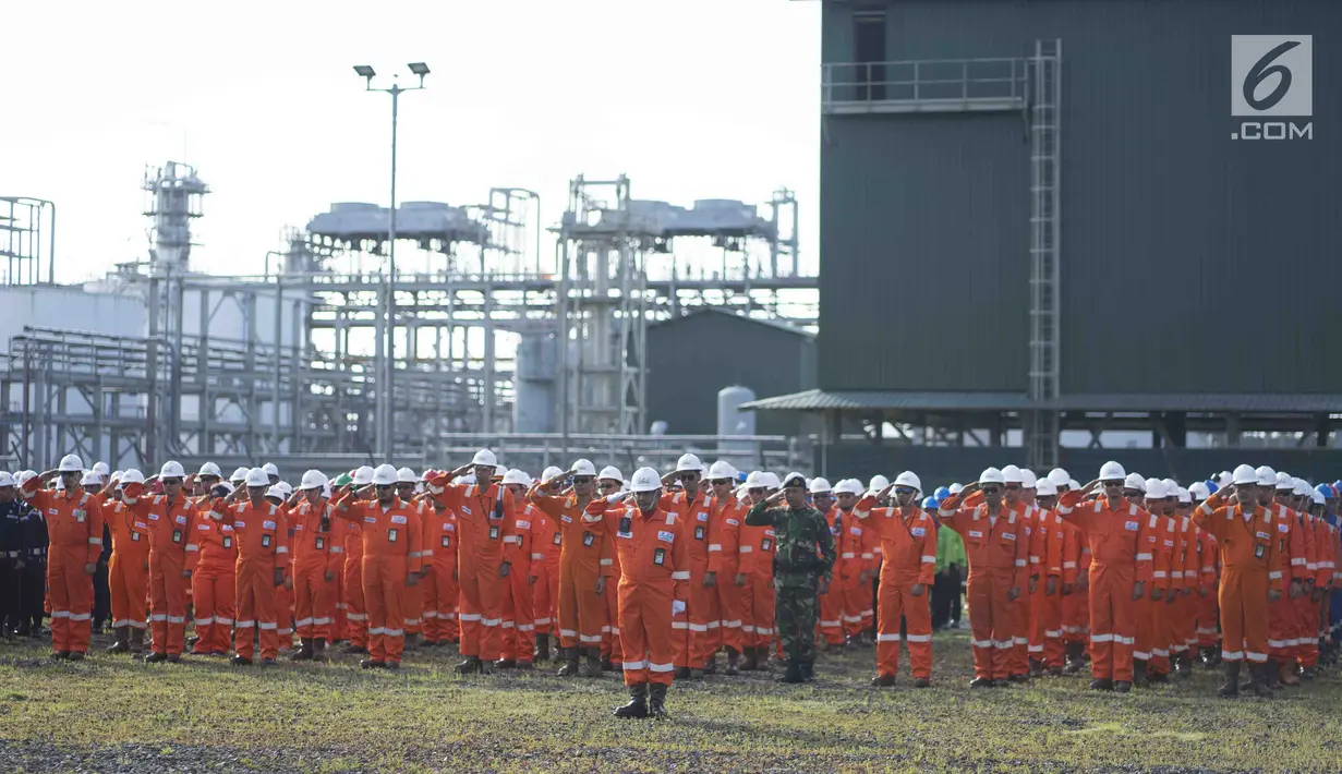 Sejumlah karyawan SKK Migas mengikuti upacara bendera HUT ke-74 RI di kilang JOB Pertamina-Medco EP Tomori Sulawesi, Sabtu (17/8/2019). Upacara digelar guna menumbuhkan rasa cinta Tanah Air serta mengenang jasa pahlawan yang berjuang meraih kemerdekaan Indonesia. (Liputan6.com/Immanuel Antonius)