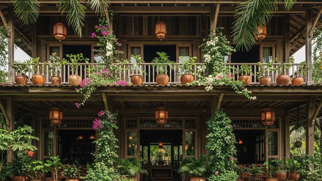 Teras Rustic dengan Kayu Daur Ulang