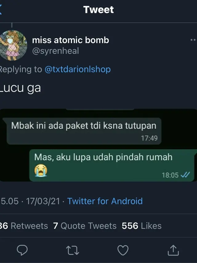 Chat Kocak Antara Kurir dan Pelanggan, Bikin Ketawa Ngakak. (Sumber: Twitter/txtdariolshop)