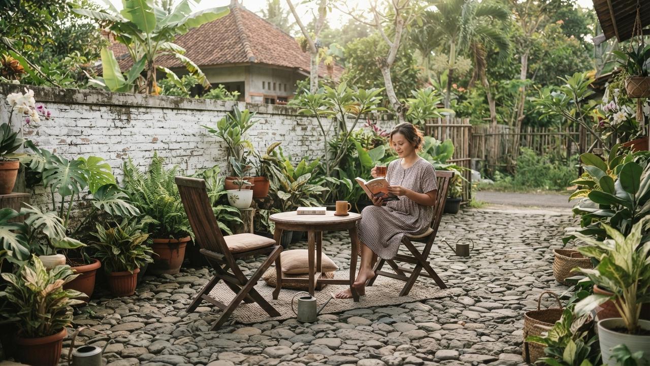 Ide taman yang tetap cantik meski tanpa rumput dan cocok untuk pemilik introvert model menghadirkan area duduk dengan lantai batu
