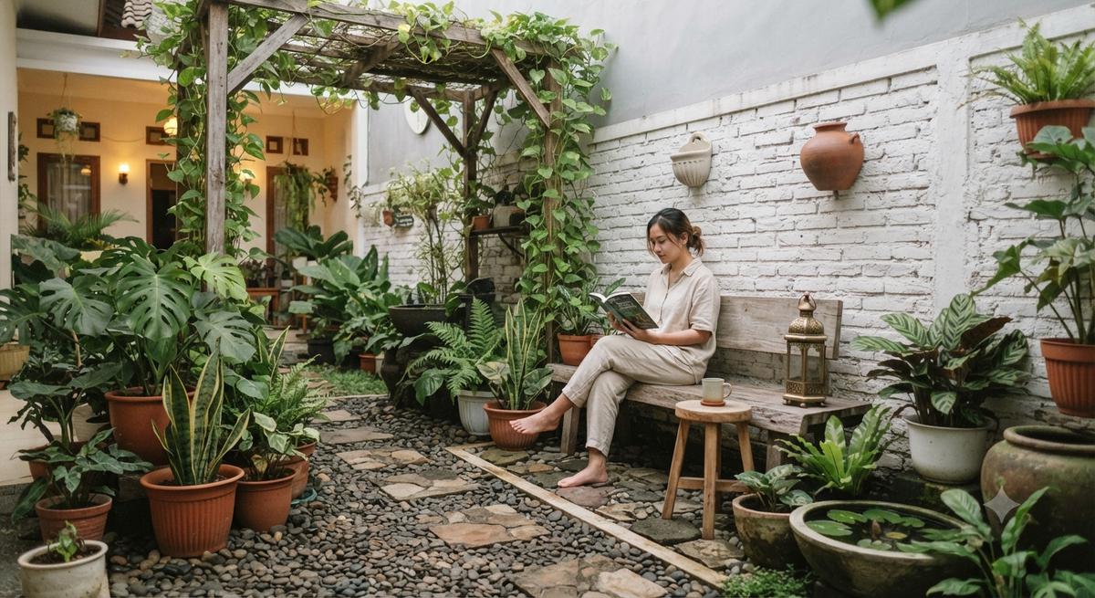 Ide taman yang tetap cantik meski tanpa rumput dan cocok untuk pemilik introvert model memadukan batu, pot dan dekorasi sederhana