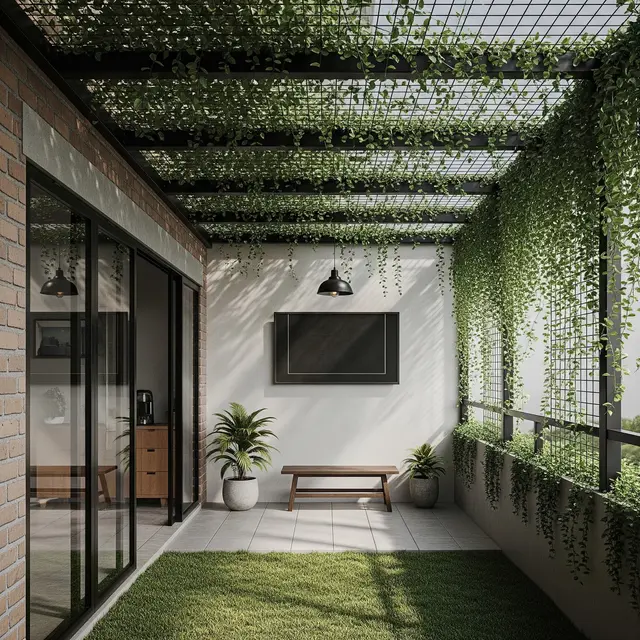 Teras Industrial Bernuansa Alam yang Tata Letak Hemat Ruang untuk Area Sempit Model Teras dengan Pergola dan Tanaman Rambat
