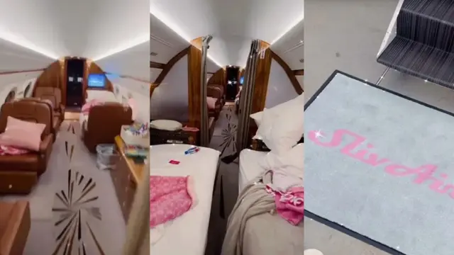 Jet pribadi Paris Hilton yang didekorasi serba pink dan kucing. (Dok: IG @parishilton https://www.instagram.com/parishilton?igsh=OXZuOXlpMmRkNHAx)