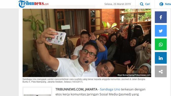 Cek Fakta - Tangkapan layar Tribunnews terkait foto selfie Sandiaga Uno dengan komunitas Jaringan Sosial Media (Jasmed) (Tribunnews.com/Rizal Bomantama)