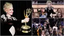 <p>Foto kolase Julia Garner saat menerima penghargaan kategori aktris pendukung terbaik dalam serial drama pada ajang Primetime Emmy Awards ke-74 di Microsoft Theater, Los Angeles, Amerika Serikat, 12 September 2022. Julia Garner memenangkan penghargaan tersebut berkat perannya dalam serial drama 'Ozark'. (AP Photo/Mark Terrill/Danny Moloshok)</p>