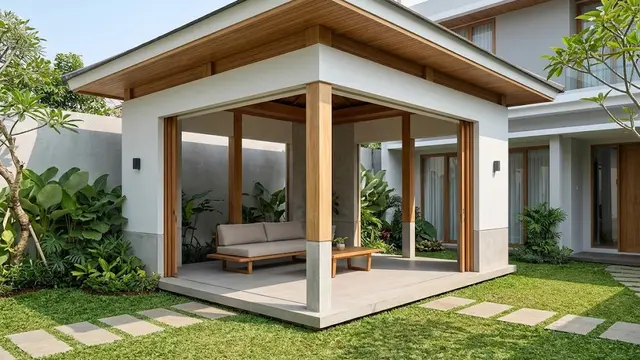 Pendopo Modern dengan Bukaan Lebar dan Taman Mungil