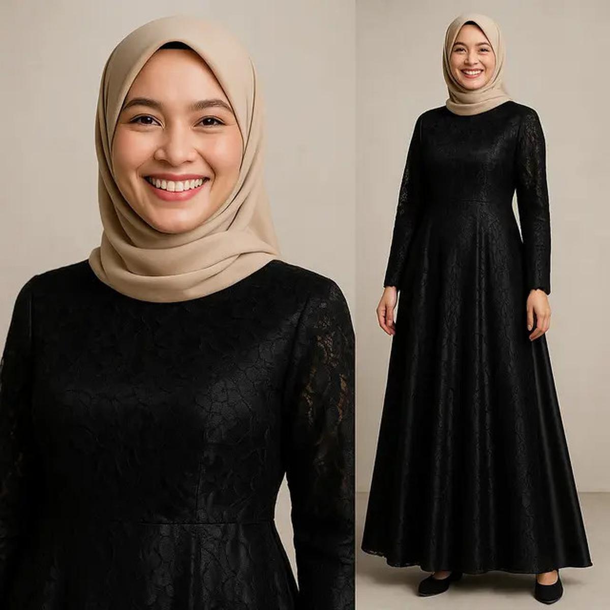 8 Model Gamis Hitam Kombinasi Brokat dan Satin, Mewah dan Elegan