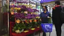 Pot anggrek untuk Tahun Baru Imlek dipajang untuk dijual di apotek untuk merayakan Tahun Baru Imlek di Hong Kong (14/1/2022). Penangguhan sementara penumpang transit berlaku pada 16 Januari 2022 - 15 Februari 2022. (AP Photo/Kin Cheung)