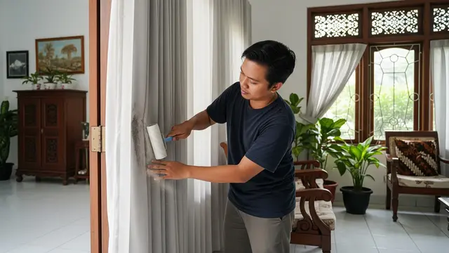 Membersihkan gorden menggunakan roller bulu