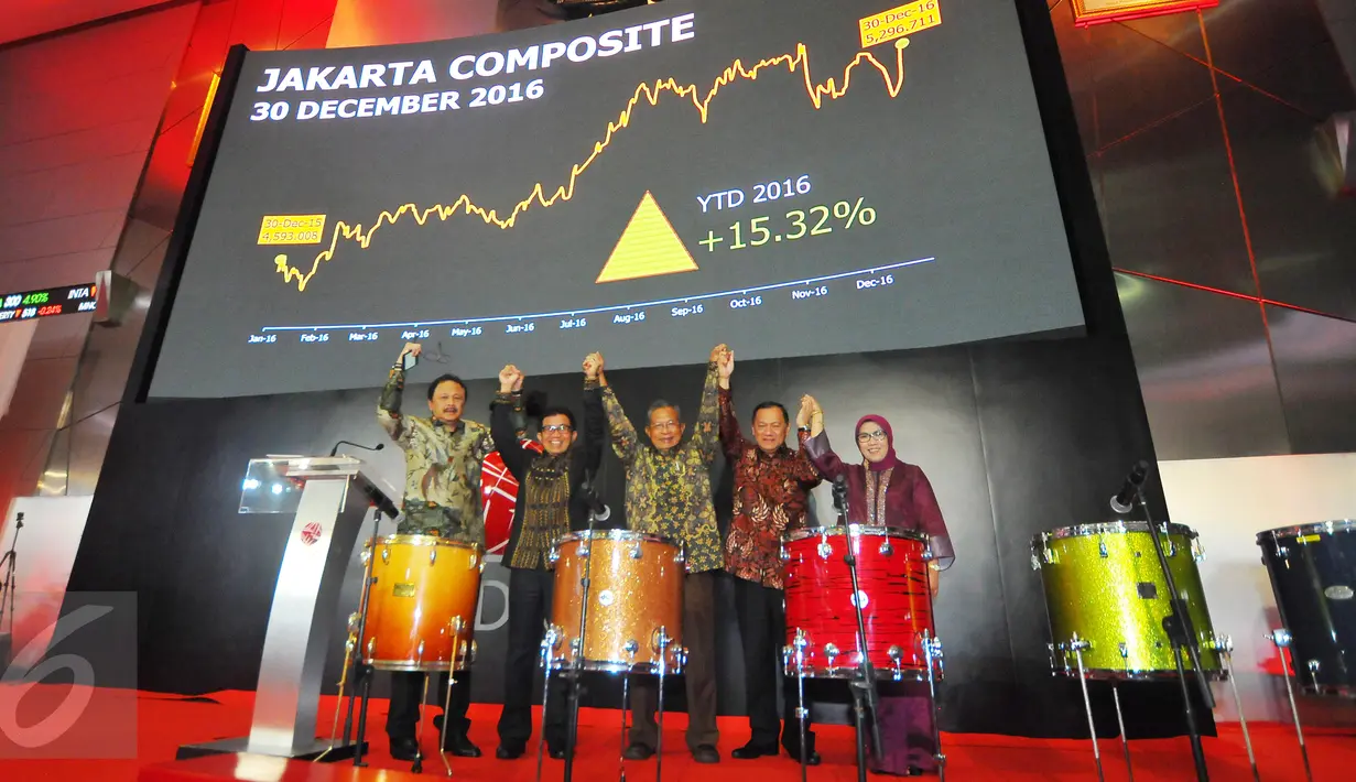 Perdagangan bursa saham 2016 Indonesia ditutup dengan level 5.296 poin, atau naik sebesar 15,32% dibandingkan posisi penutupan tahun lalu, Jakarta, Jumat (30/12). (Liputan6.com/Angga Yuniar)
