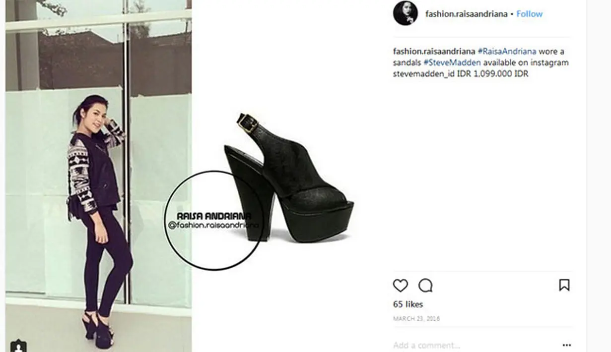 Selain bersuara emas, Raisa pun juga pandai sekali dalam mengatur fashionnya. Dengan barang-barang yang harganya masih terjangkau, penampilan Raisa masih modis banget. Seperti sepatu hitam ini, harganya hanya Rp 1.099.000.(Instagram/fashion.rasiaandriana)