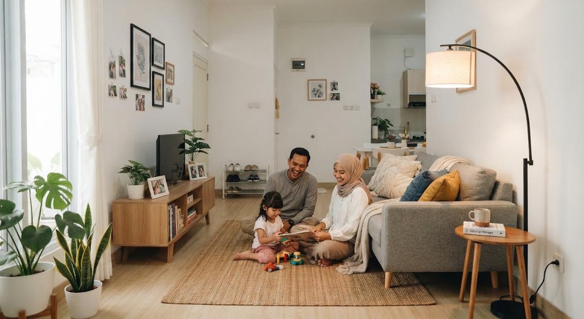 Dekorasi rumah kontrakan tanpa merusak dinding yang cocok buat keluarga muda model tambahan lampu berdiri di sudut ruangan