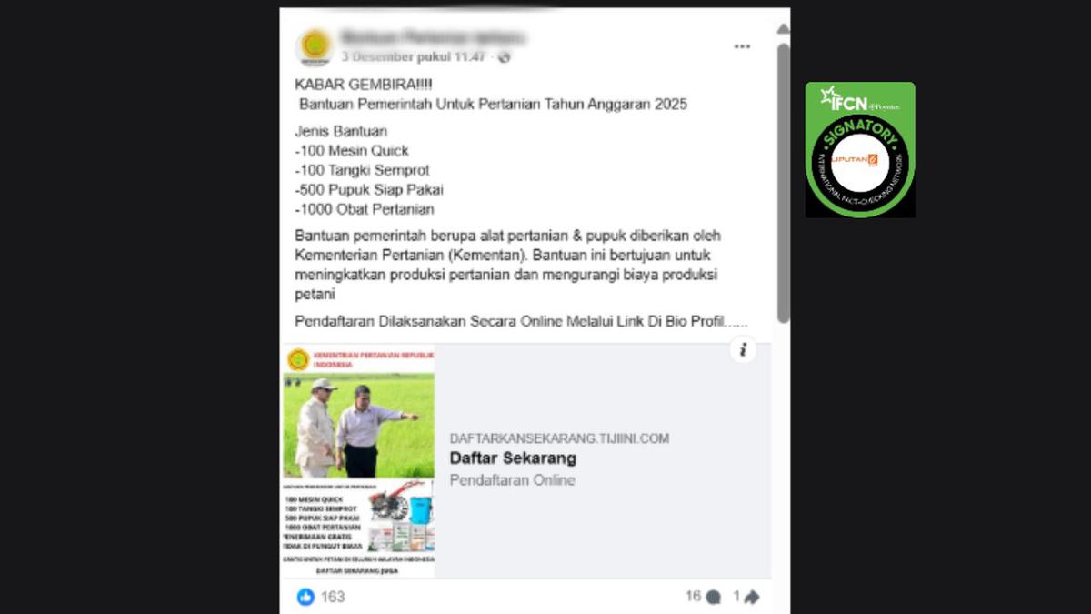 Cek Fakta: Tidak Benar Link Pendaftaran Bantuan Alat Pertanian dan Pupuk dari Kementan