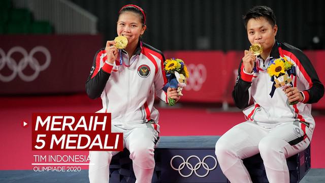 Berita motion grafis Tim Indonesia total meraih 5 medali di Olimpiade Tokyo, termasuk medali emas dari pasangan Greysia Polii / Apriyani Rahayu.