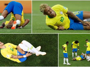 Berikut ini momen dan ekspresi striker Brasil, Neymar, saat dilanggar pemain lawan pada laga kontra Swiss di Piala Dunia 2018. (Foto-foto Kolase AP dan AFP).