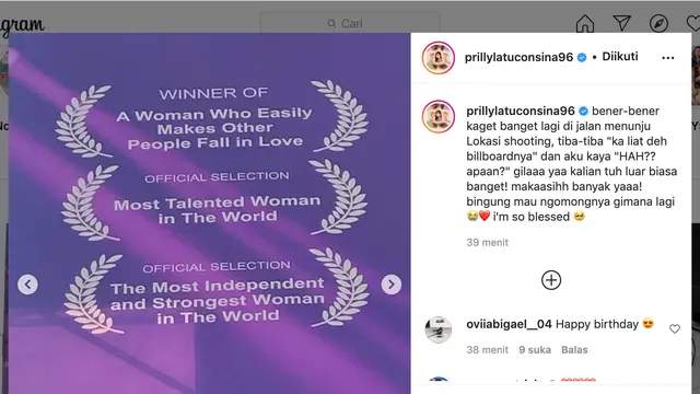 Unggahan Prilly Latuconsina. (Foto: Instagram @prillylatuconsina96)