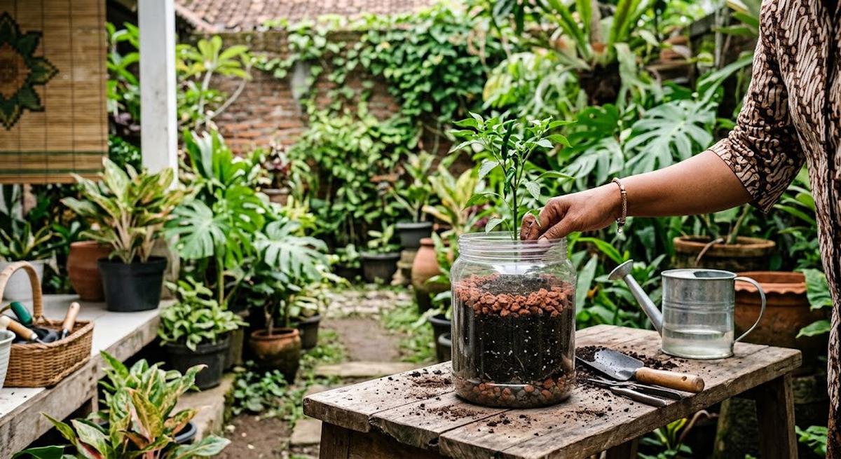 Cara membuat kebun sayur vertikal dari toples bekas yang sedang dipersiapkan