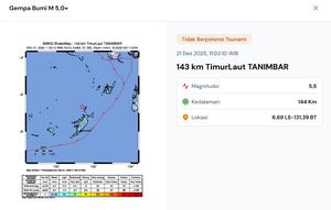 Gempa hari ini, Minggu (21/12/2025) saat akhir pekan, pukul 11:02:10 WIB menggetarkan wilayah Tanimbar, Provinsi Maluku. (www.bmkg.go.id)