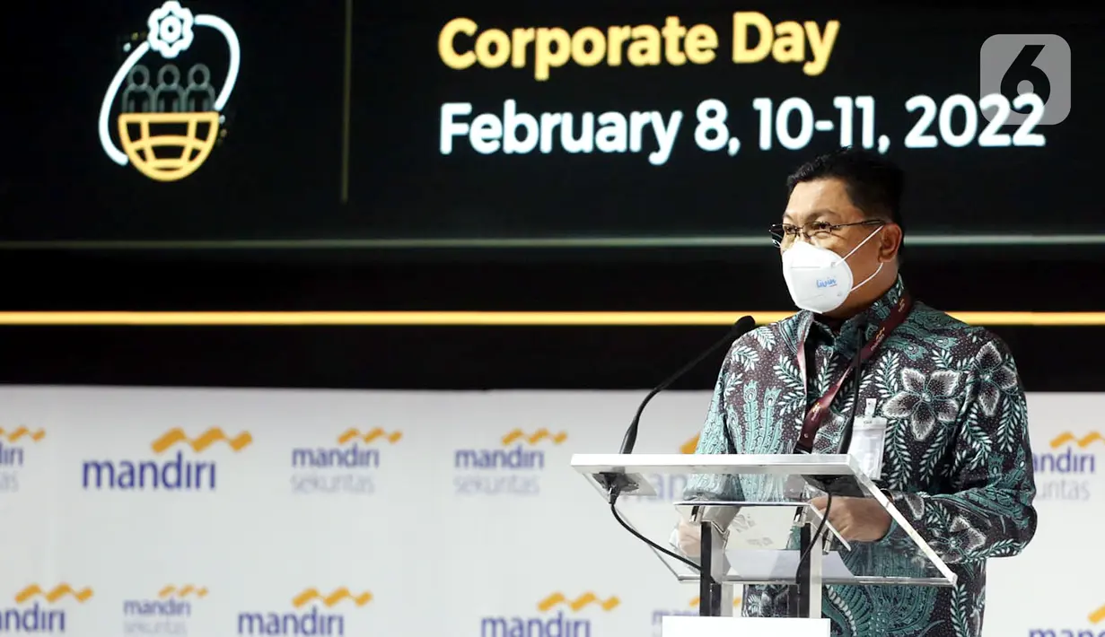 Direktur Utama Bank Mandiri Darmawan Junaidi memberi sambutan pada MIF 2022 di Jakarta, Rabu (9/2/2022). MIF 2022 bentuk dukungan kepada pemerintah untuk mendorong investasi dari dalam dan luar negeri ke sektor berkelanjutan dan digital guna menjaga stabilitas ekonomi. (Liputan6.com/HO/Rizki)